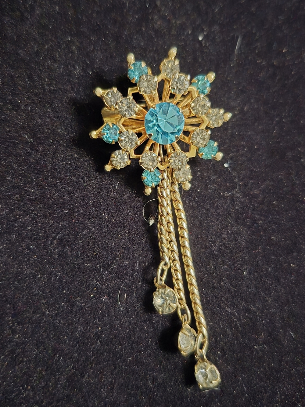 Coro Gold-Tone Blue Crystal Starburst Brooch with Dangle Chains